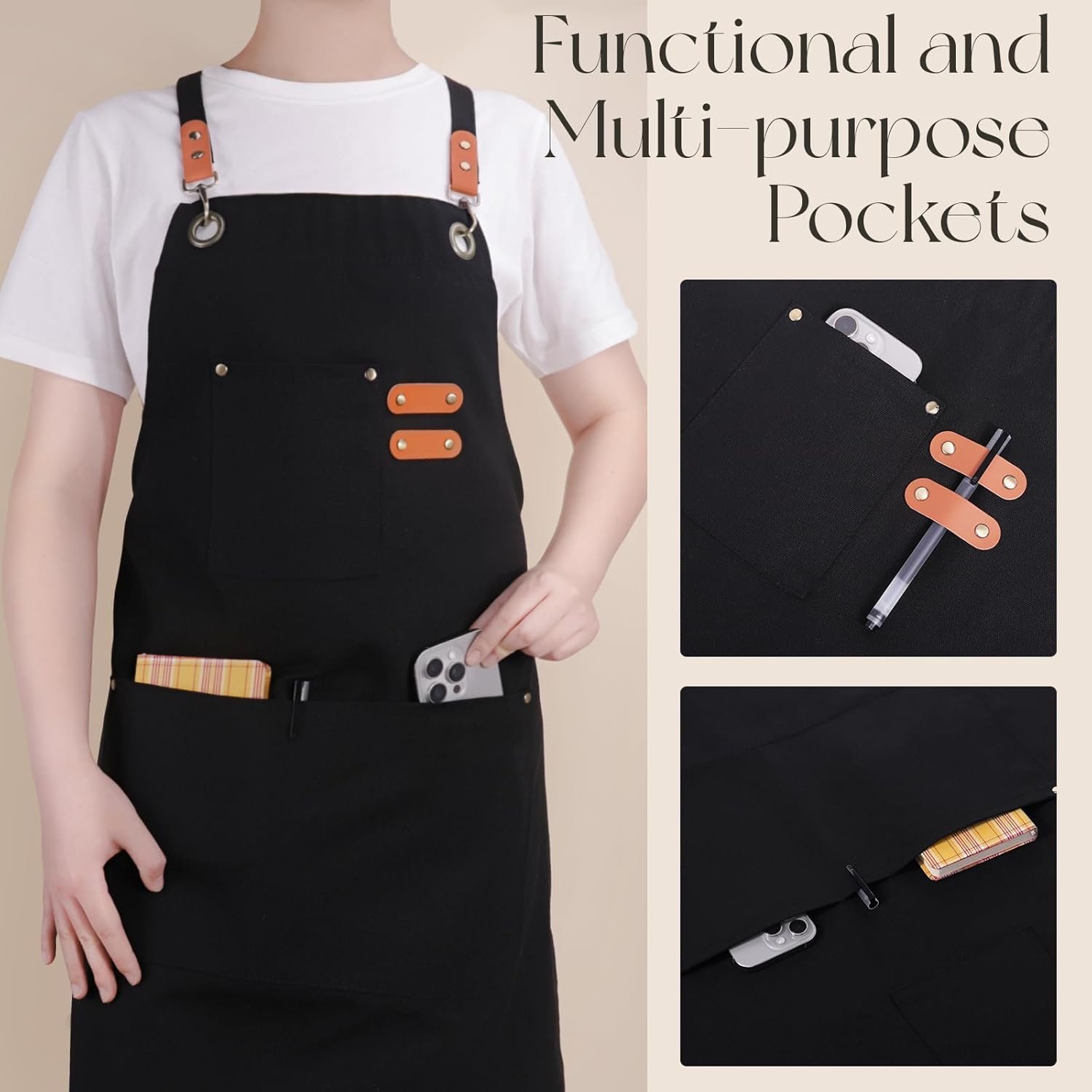 Chef Aprons for Men Women with Large Pockets, Cotton Canvas Water Repellent Kitchen Apron for Cooking - Image 5