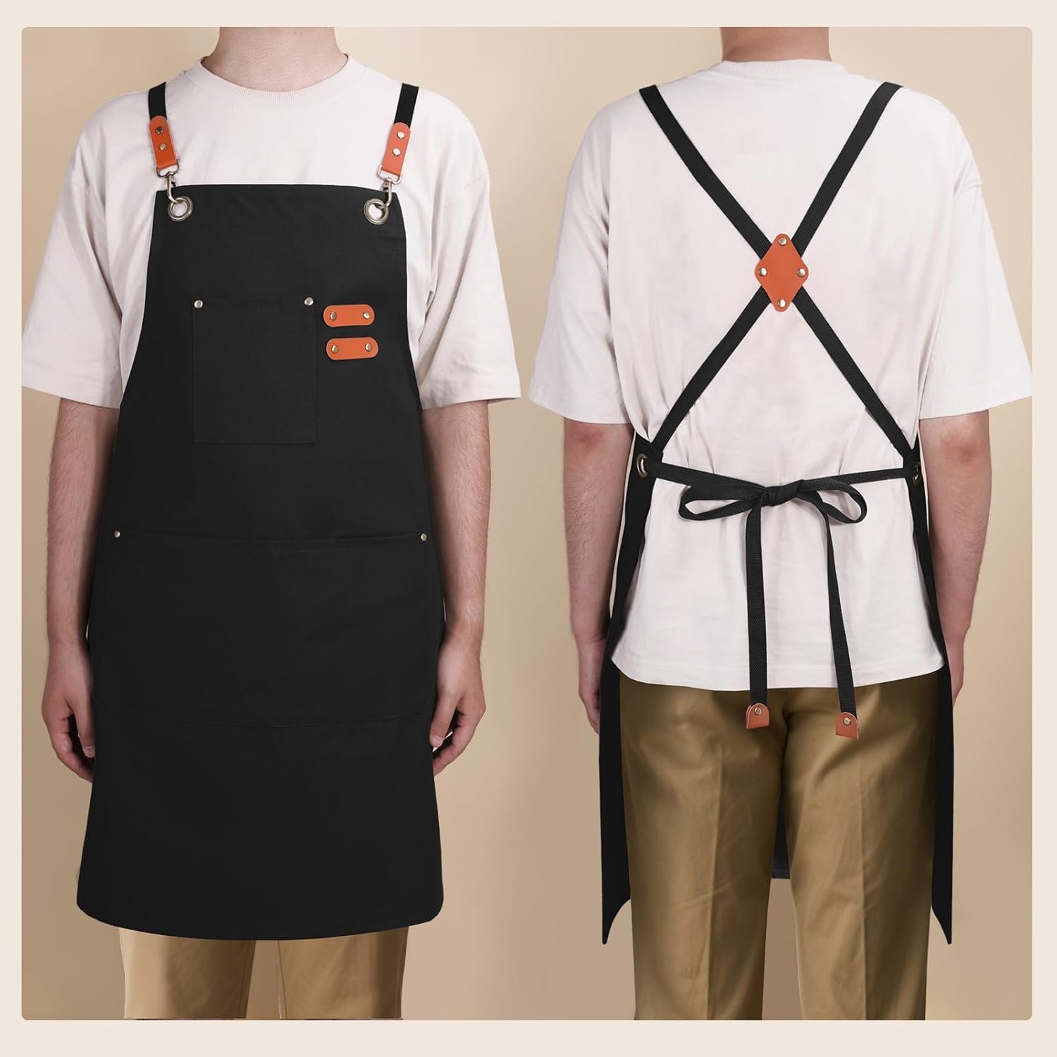 Chef Aprons for Men Women with Large Pockets, Cotton Canvas Water Repellent Kitchen Apron for Cooking - Image 6
