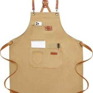 Chef Aprons for Men Women with 4 Large Pockets, Cotton Canvas Cross Back Adjustable Apron for Work grilling kitchen gardening