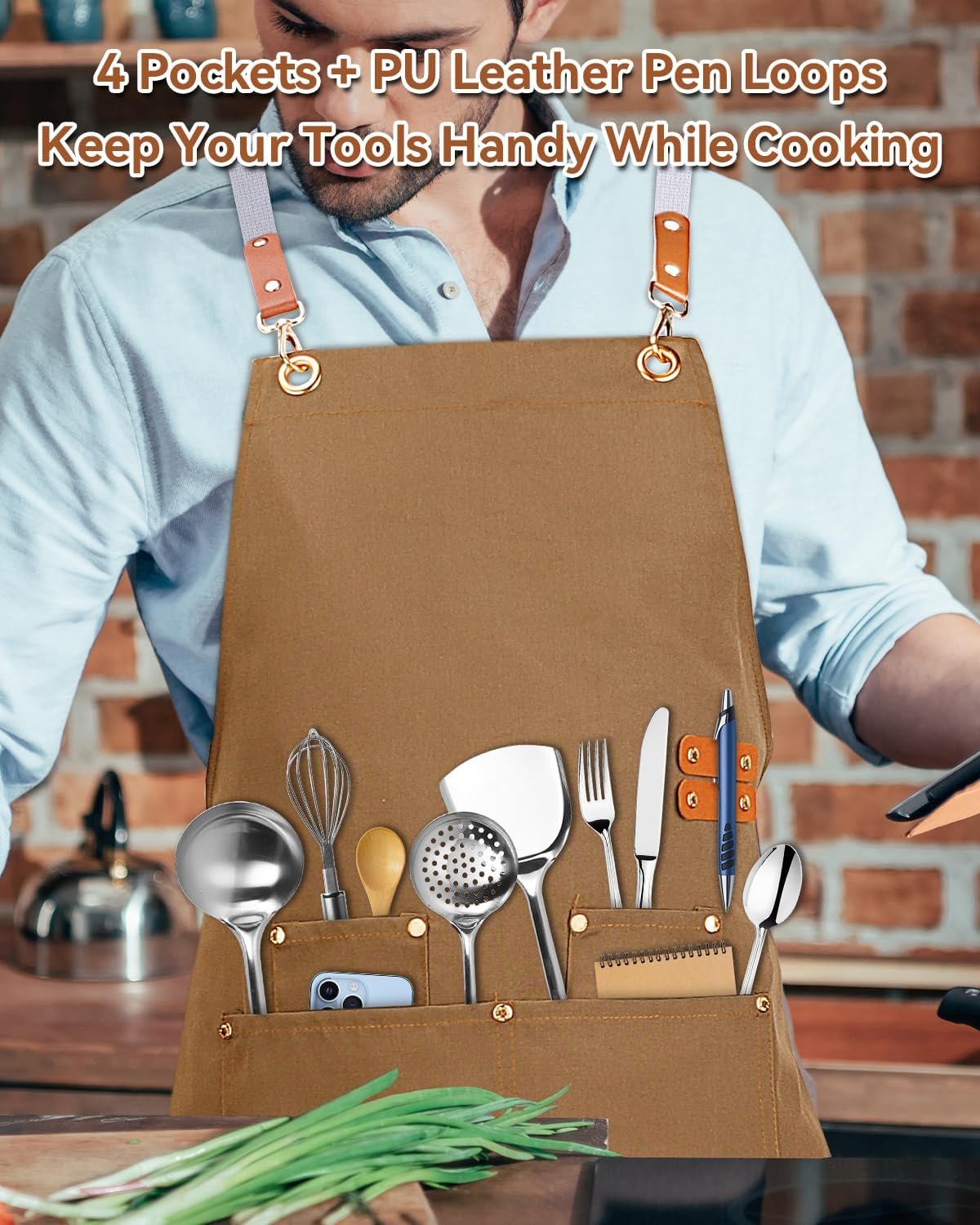 Teskyer Kitchen Cooking Apron with Pockets, Water Oil Resistant, Canvas Cross Back Aprons for Men Women Chef Server - Image 3