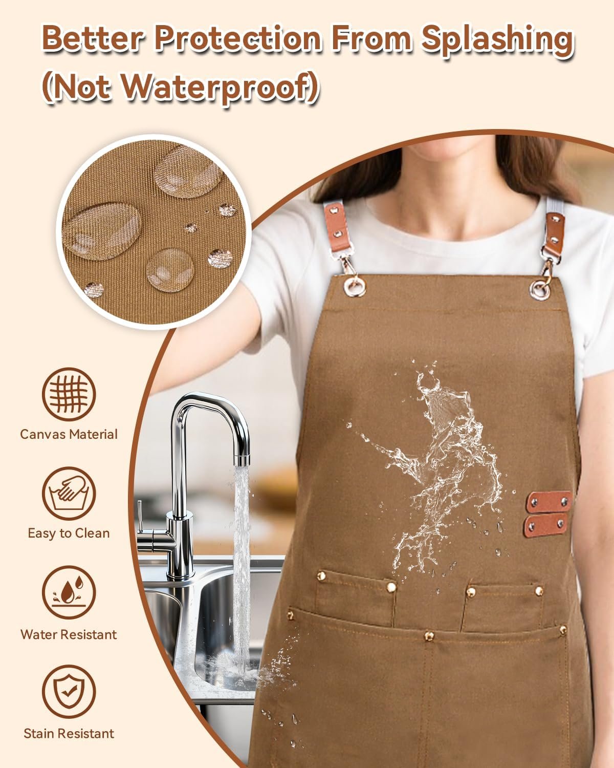 Teskyer Kitchen Cooking Apron with Pockets, Water Oil Resistant, Canvas Cross Back Aprons for Men Women Chef Server - Image 4