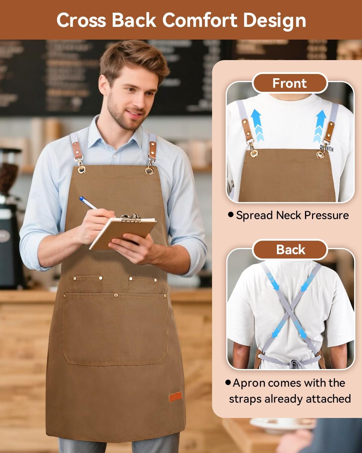 Teskyer Kitchen Cooking Apron with Pockets, Water Oil Resistant, Canvas Cross Back Aprons for Men Women Chef Server - Image 6