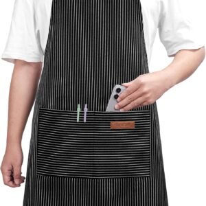 Syntus Chef Apron for Men Women Kitchen Cooking Apron with Pockets, Adjustable Bib Aprons Stain Resistant, Black/White