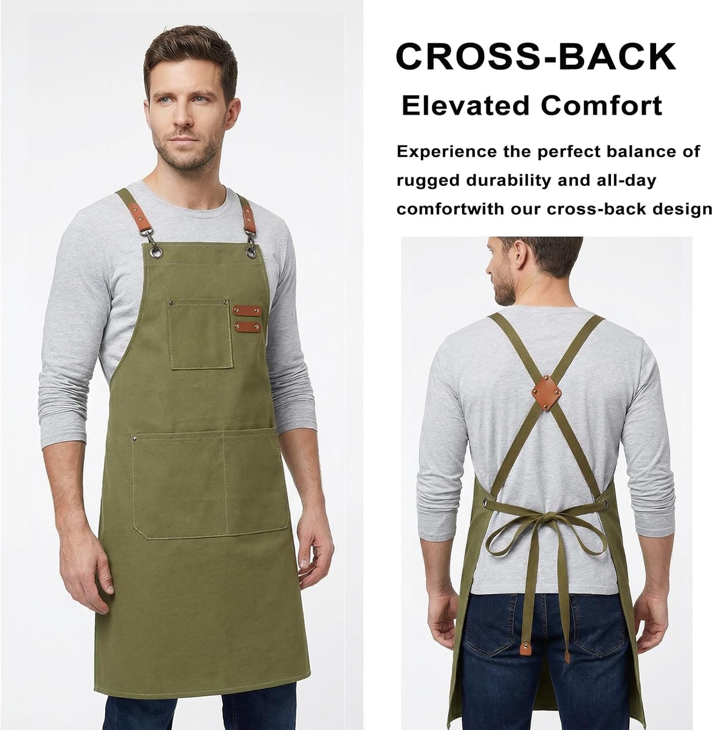ZOMAO Chef Apron for Women Men with Large Pockets, Cotton Canvas Cross Back Waterproof Work Aprons for Kitchen Cooking Bib - Image 3