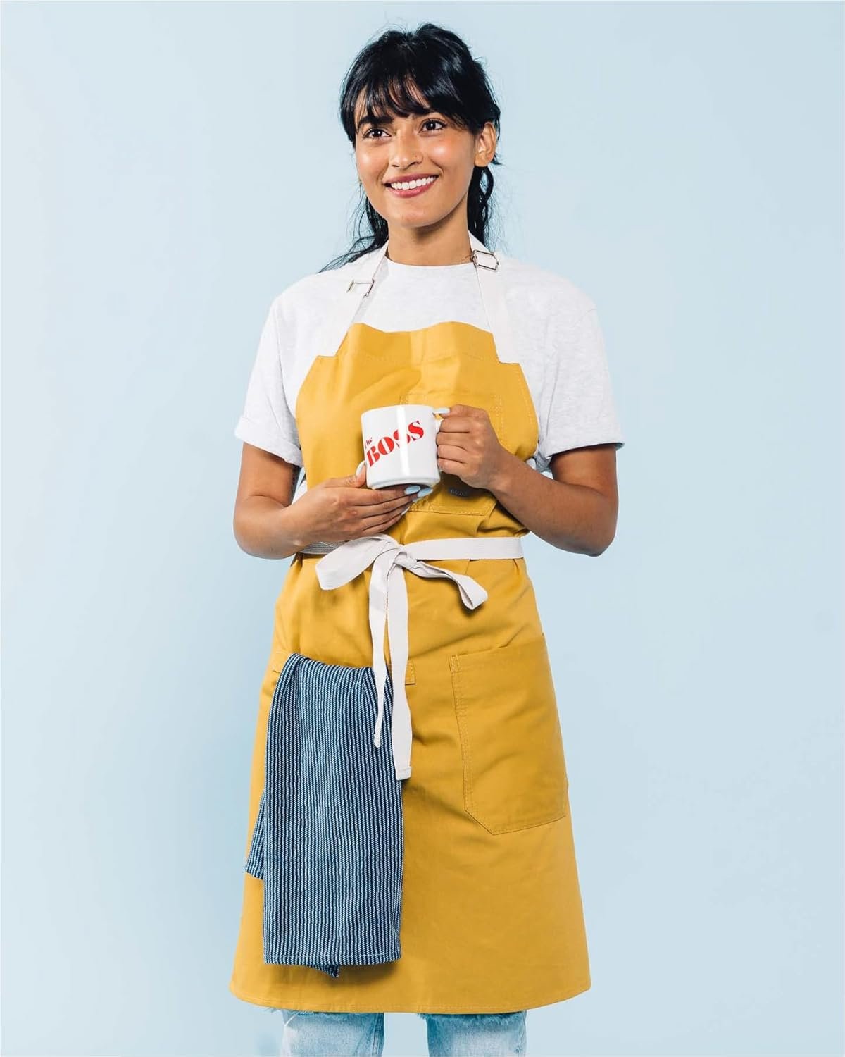 Caldo Daily Cotton Kitchen Apron for Cooking- Mens and Womens Professional Chef or Server Bib Apron - Adjustable Straps with Pockets and Towel Loop (Mustard) - Image 3