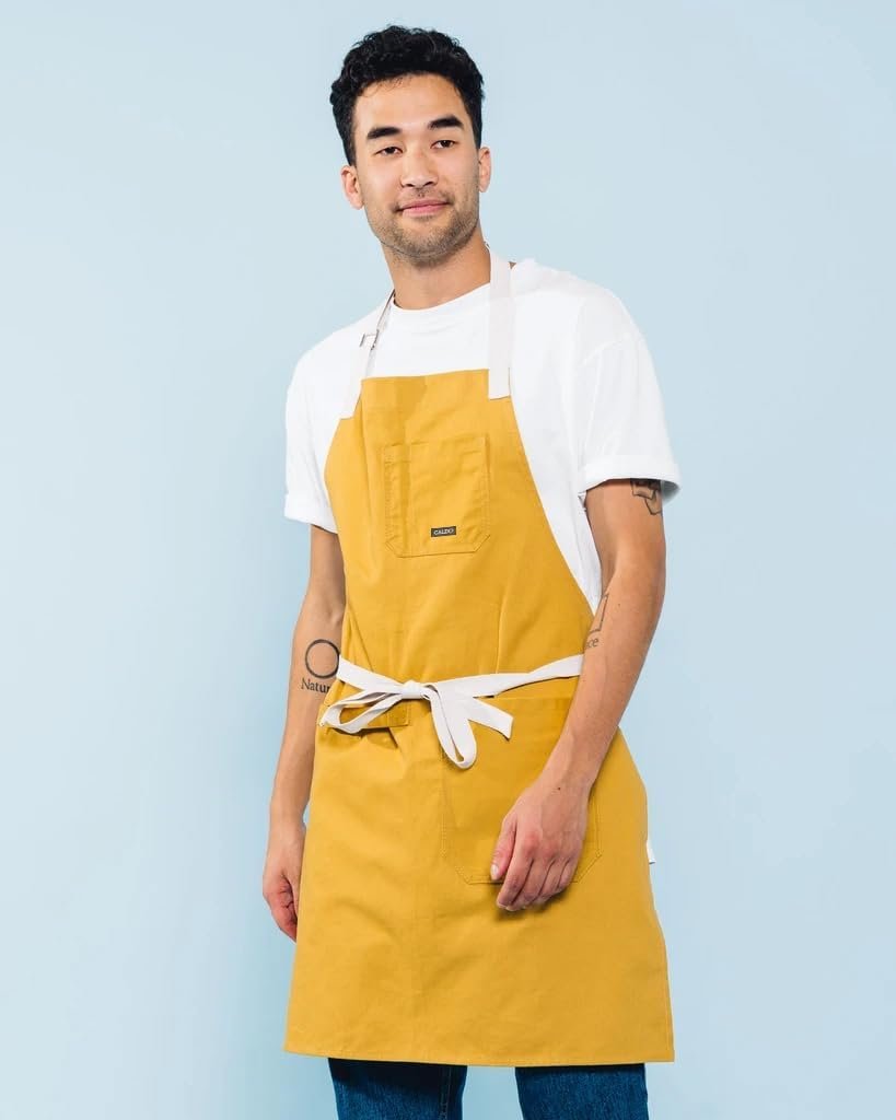 Caldo Daily Cotton Kitchen Apron for Cooking- Mens and Womens Professional Chef or Server Bib Apron - Adjustable Straps with Pockets and Towel Loop (Mustard) - Image 4