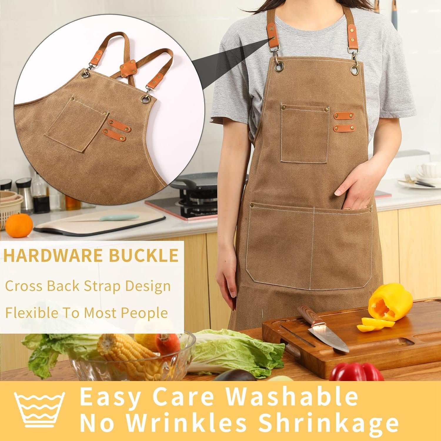 Tosewever Canvas Cross Back Chef Cotton Aprons for Men Women with Large Pockets - Image 3