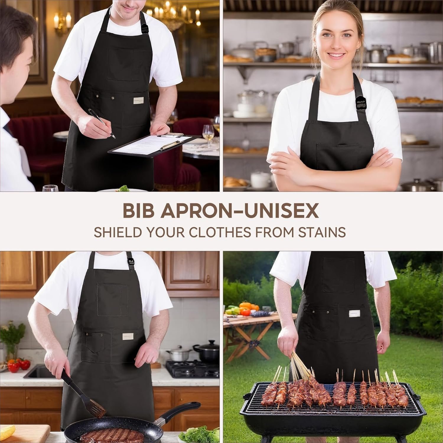 Kitchen Apron, Chef Aprons for Men Women with 5 Pockets, Adjustable Bib Barista BBQ Work Apron for Cooking - Image 3
