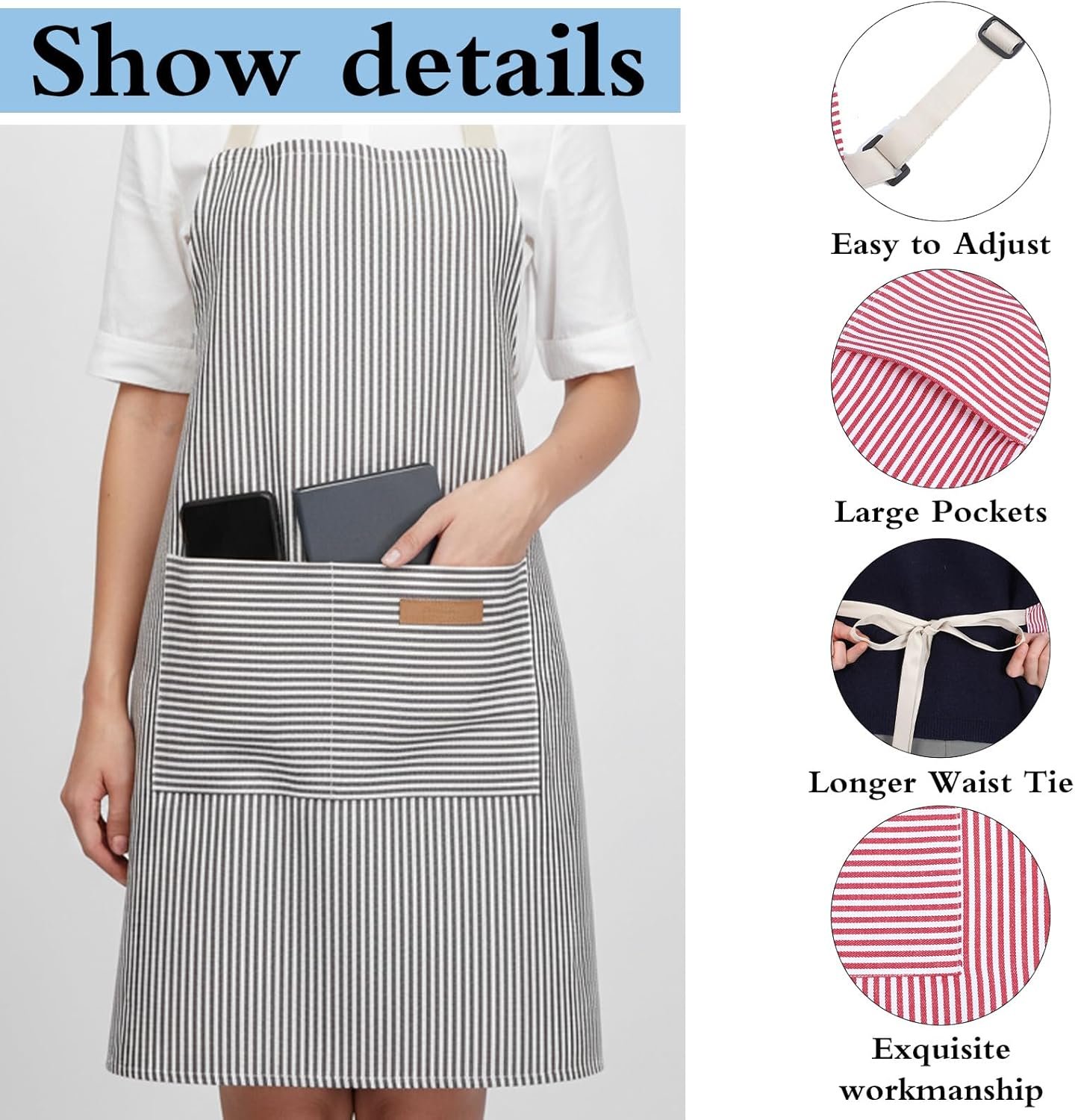 6 Pcs Waterproof kitchen apron Set With 2 Pockets Adjustable Bib Aprons For Cooking Baking BBQ Cleaning, Stripes - Image 3