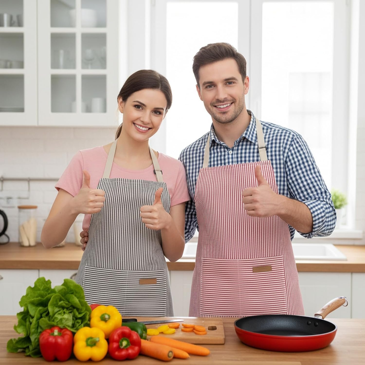 6 Pcs Waterproof kitchen apron Set With 2 Pockets Adjustable Bib Aprons For Cooking Baking BBQ Cleaning, Stripes - Image 6