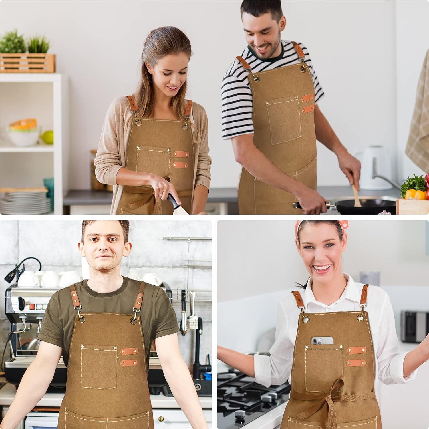 OUNLEN Chef Apron for Men Women Canvas Aprons with 3 Pockets Cross Back Resistant Work Apron for Cooking - Image 5