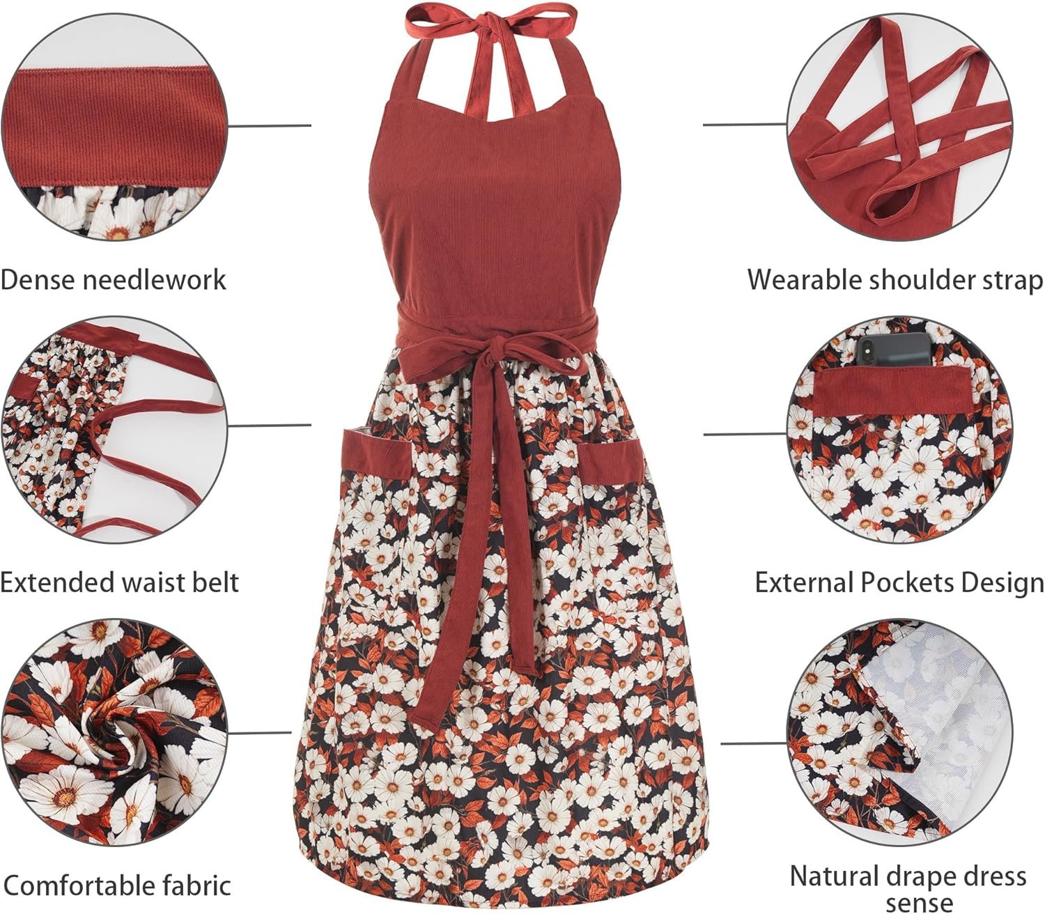 Cute Floral Aprons for Women with Pockets,Cotton Adjustable Neck Strap Apron for Kitchen Cooking Baking Gardening - Image 4