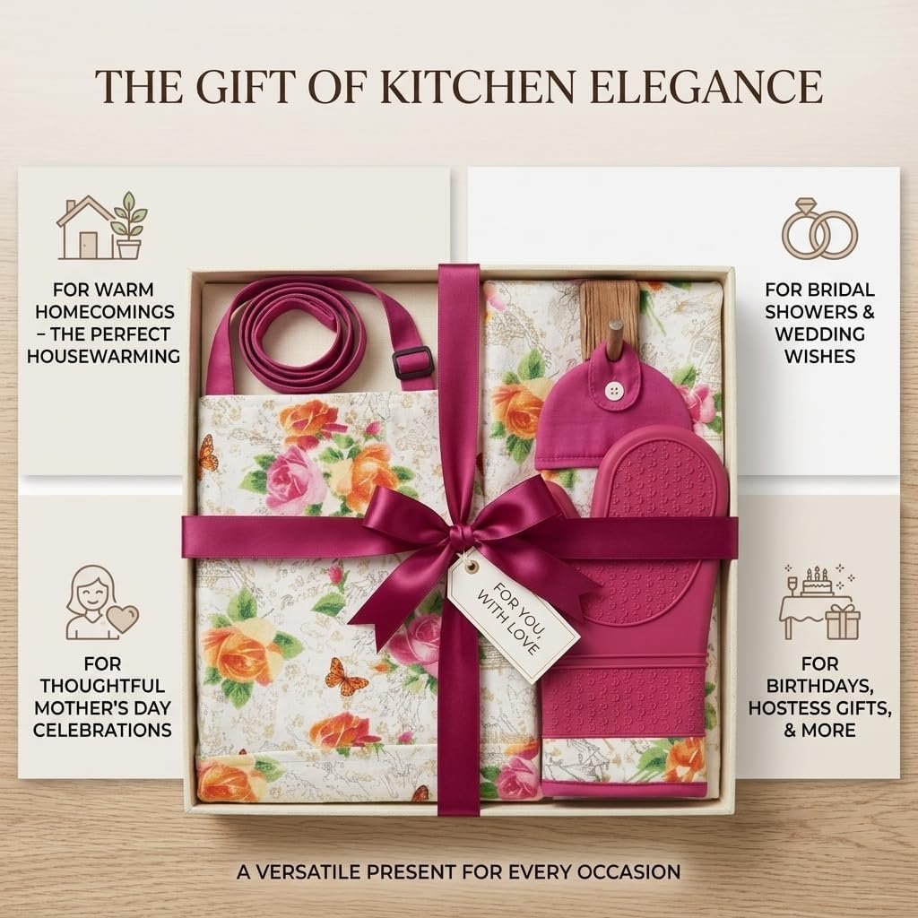 4-Piece Kitchen Apron Set with Oven Mitt & Dish Towel, Cooking Apron for Women,Housewarming Gift Set - Image 4