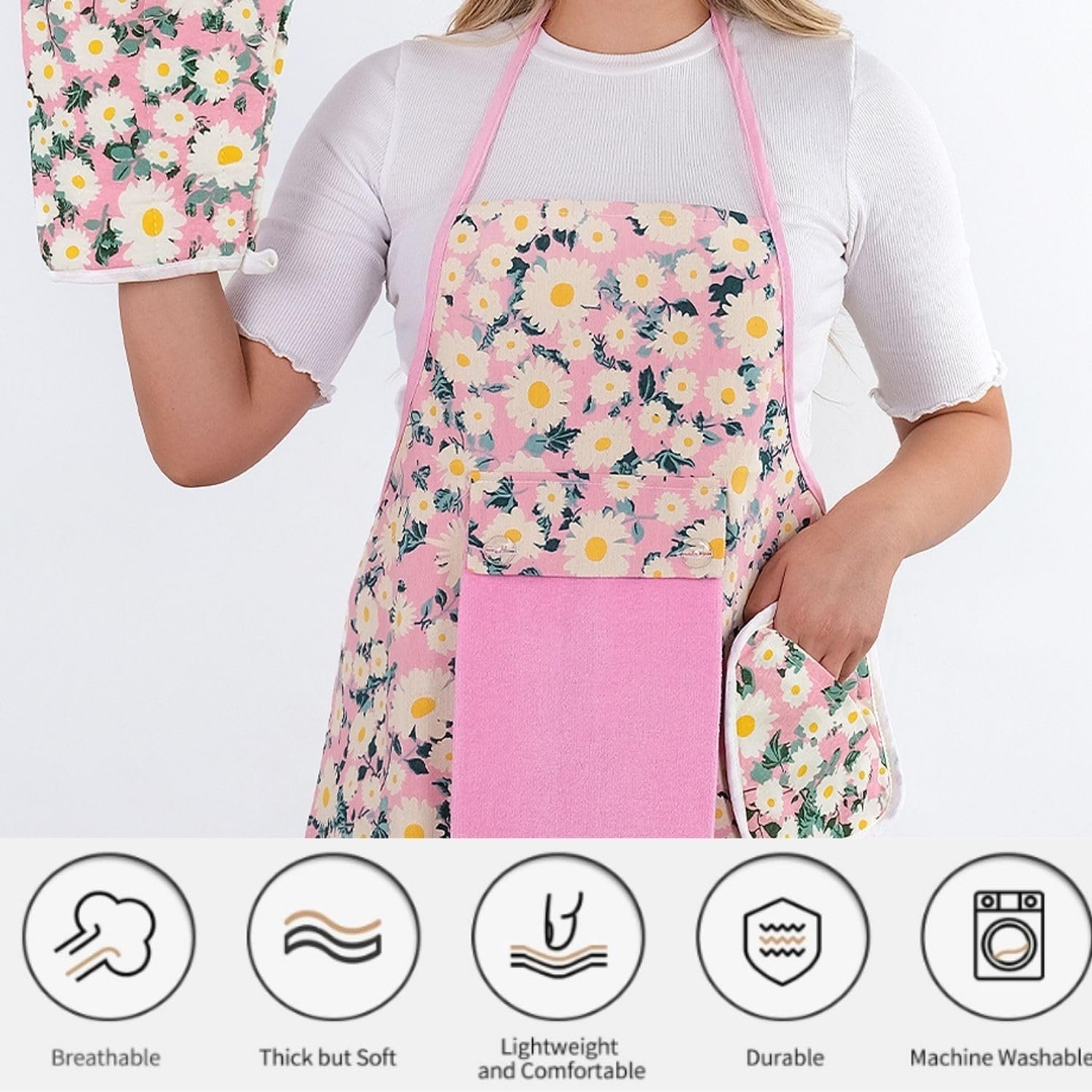 Floral Kitchen Apron and Oven Mitt Set-(4 pieces); Multicolor Waterproof Apron - Oven Mitt - Pot Holder - Hand Towel - Image 3