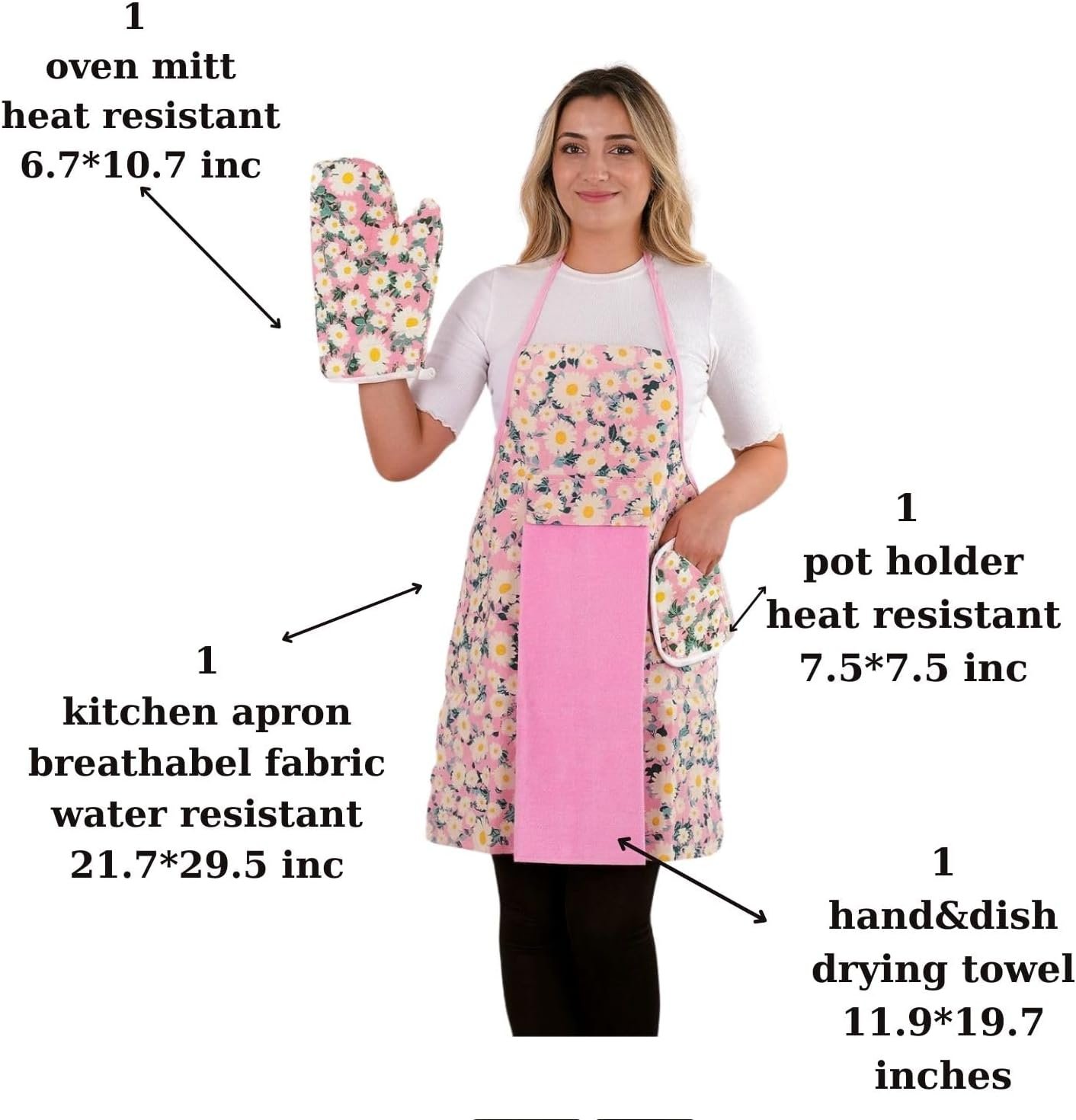 Floral Kitchen Apron and Oven Mitt Set-(4 pieces); Multicolor Waterproof Apron - Oven Mitt - Pot Holder - Hand Towel - Image 5