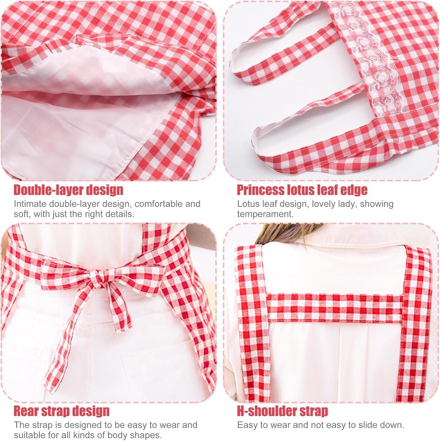 Women Classic Vintage Apron, Red and White Gingham Cotton Apron, Home Kitchen Chef Bib - Image 3