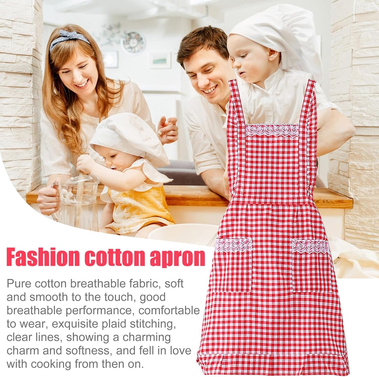 Women Classic Vintage Apron, Red and White Gingham Cotton Apron, Home Kitchen Chef Bib - Image 4