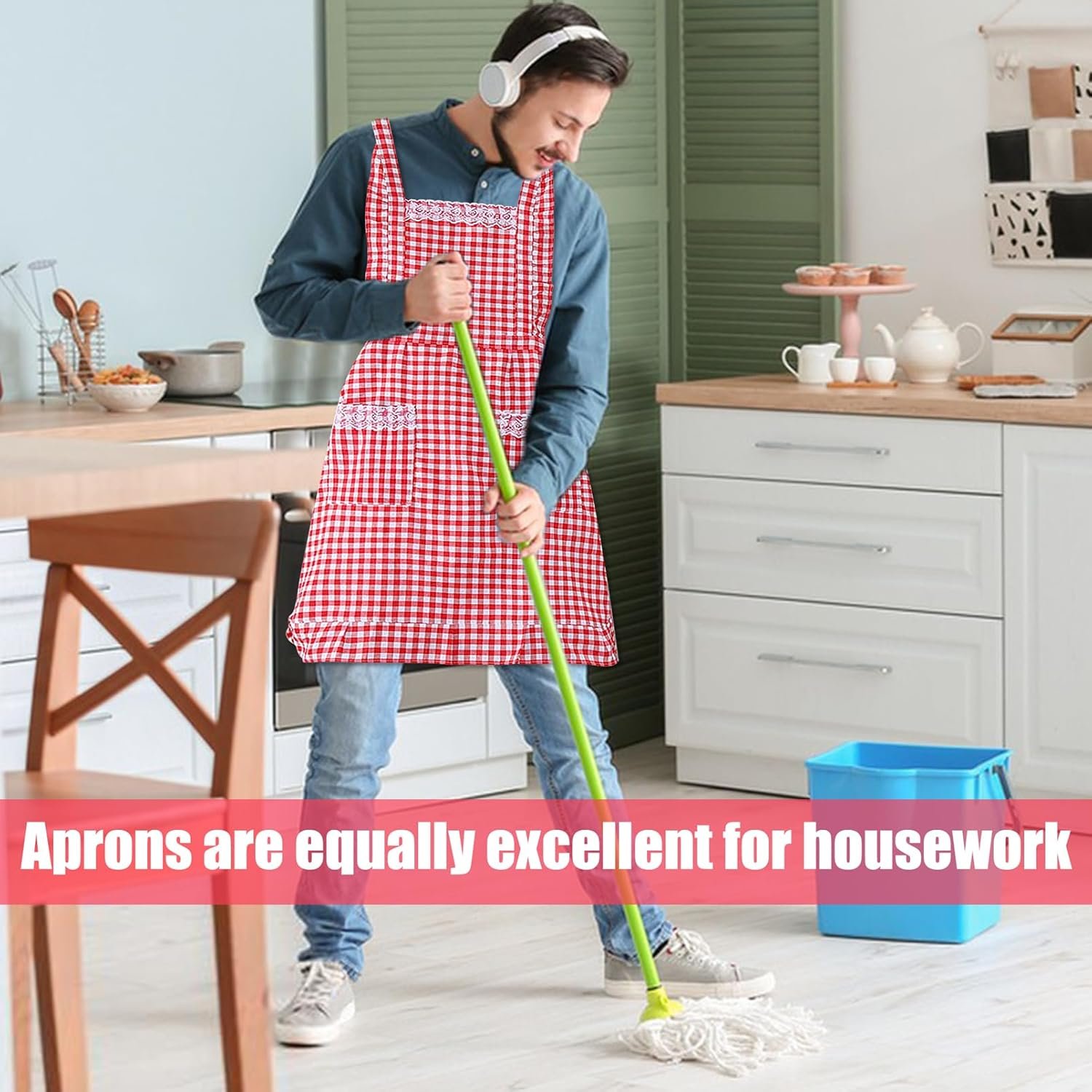 Women Classic Vintage Apron, Red and White Gingham Cotton Apron, Home Kitchen Chef Bib - Image 5