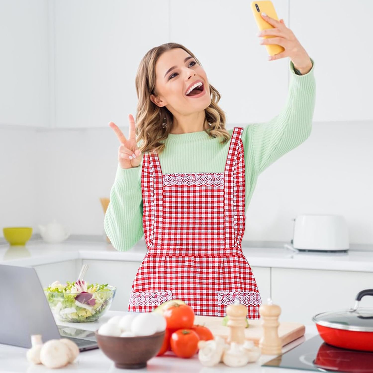 Women Classic Vintage Apron, Red and White Gingham Cotton Apron, Home Kitchen Chef Bib - Image 6