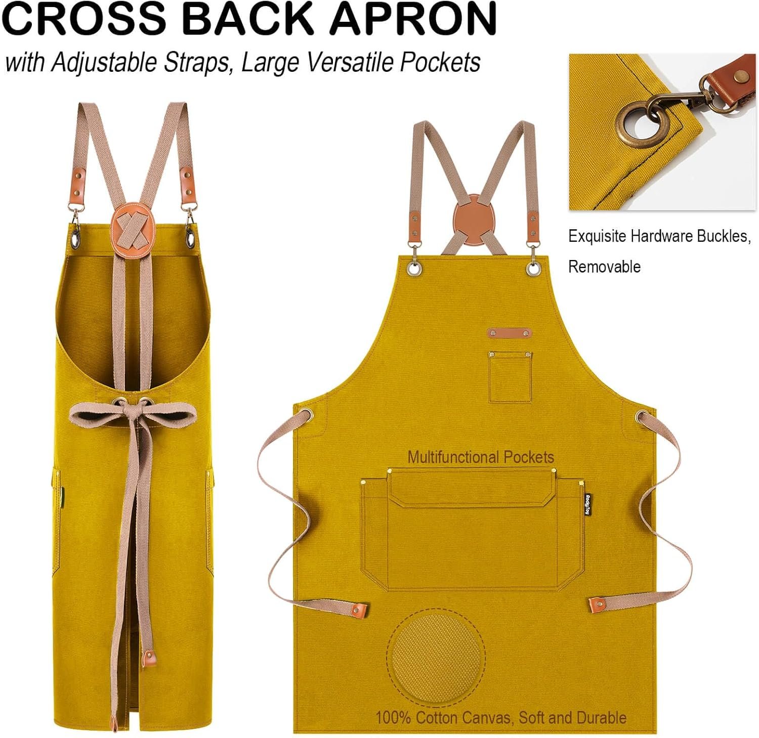 Chef Apron for Men Women with Gift Box Pack, Cross Back Apron with Pockets for Kitchen Cooking Baking Artist Painting, Cotton Canvas Work Aprons for Shop, Garden, Restaurant, Cafe (Yellow, M to XXL) - Image 3