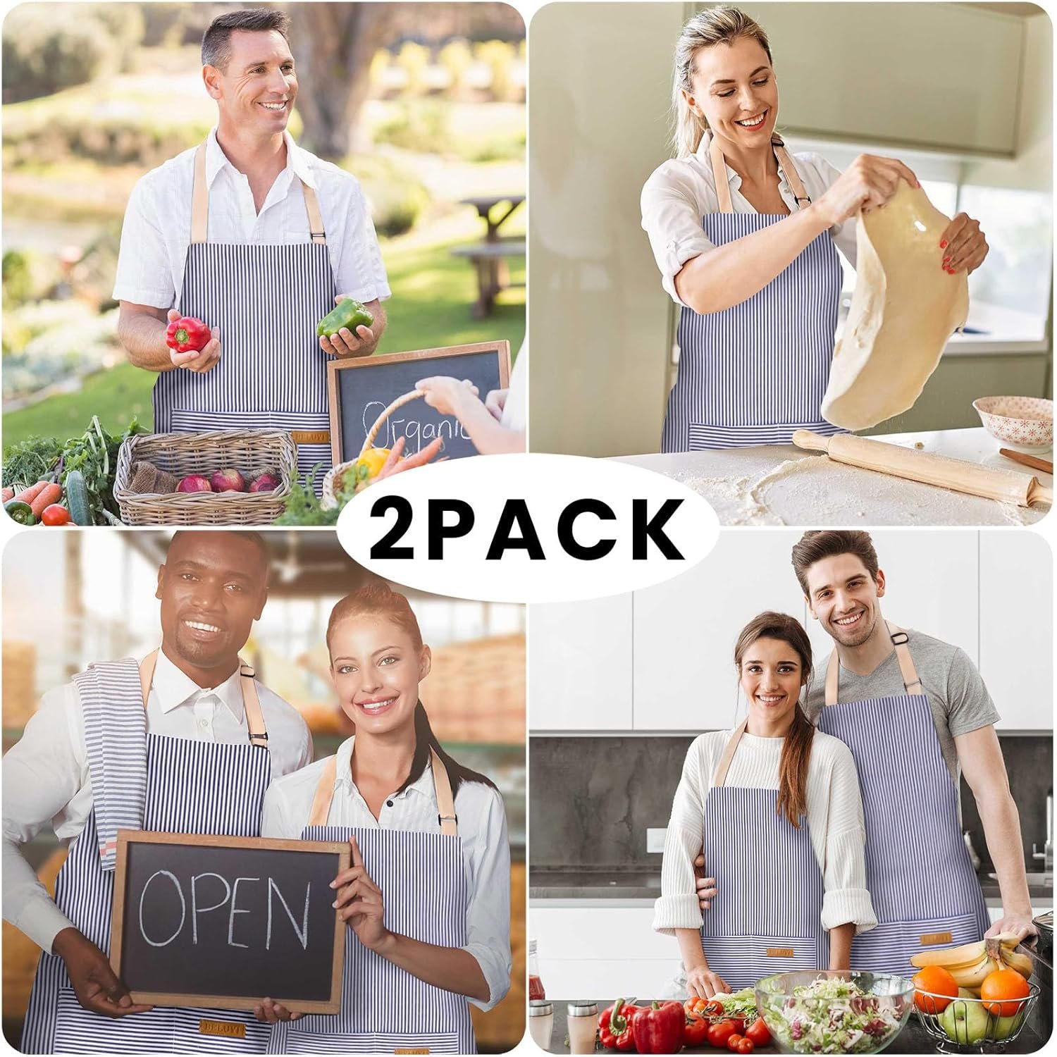 BeLuyi 2 Pack Adjustable Bib Apron with 2 Pockets Chef Cooking Kitchen Restaurant Aprons for Women Men - Image 6