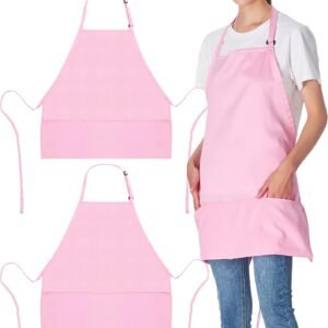 Jubatus 2 Pack 3 Pockets Adjustable Bib Apron Chef Kitchen Cooking Aprons for Women Men, Pink