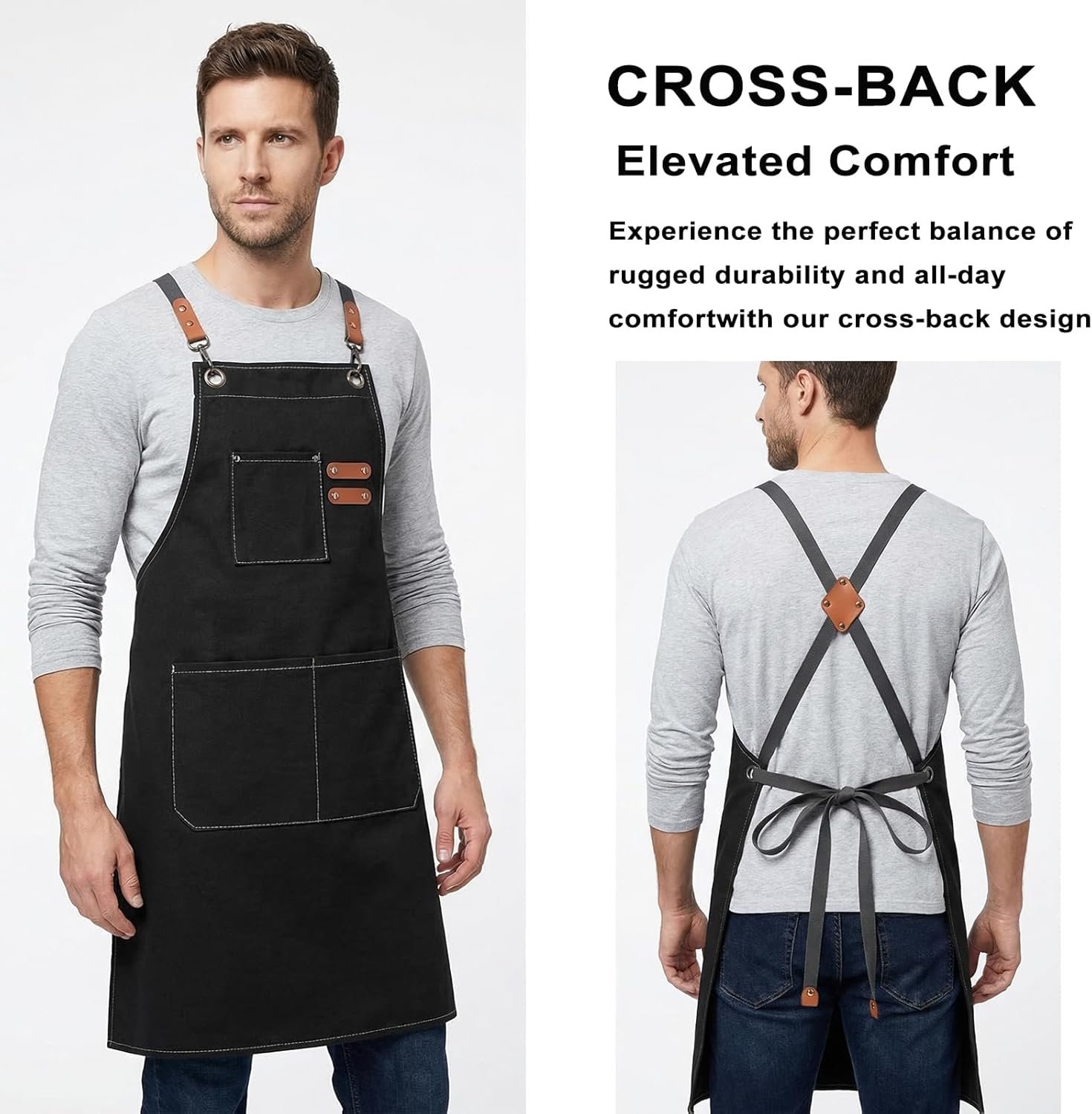 ZOMAO Chef Apron for Women Men with Large Pockets, Cotton Canvas Cross Back Waterproof Work Aprons for Kitchen Cooking Bib - Image 3