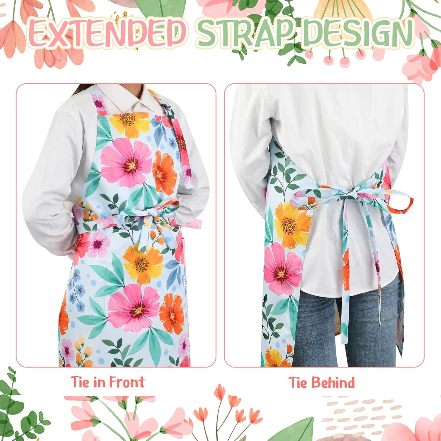 2 Pack Floral Apron for Women with Pockets, Adjustable Kitchen Chef Apron for Cooking, Baking, Gardening, Crafting - Image 4