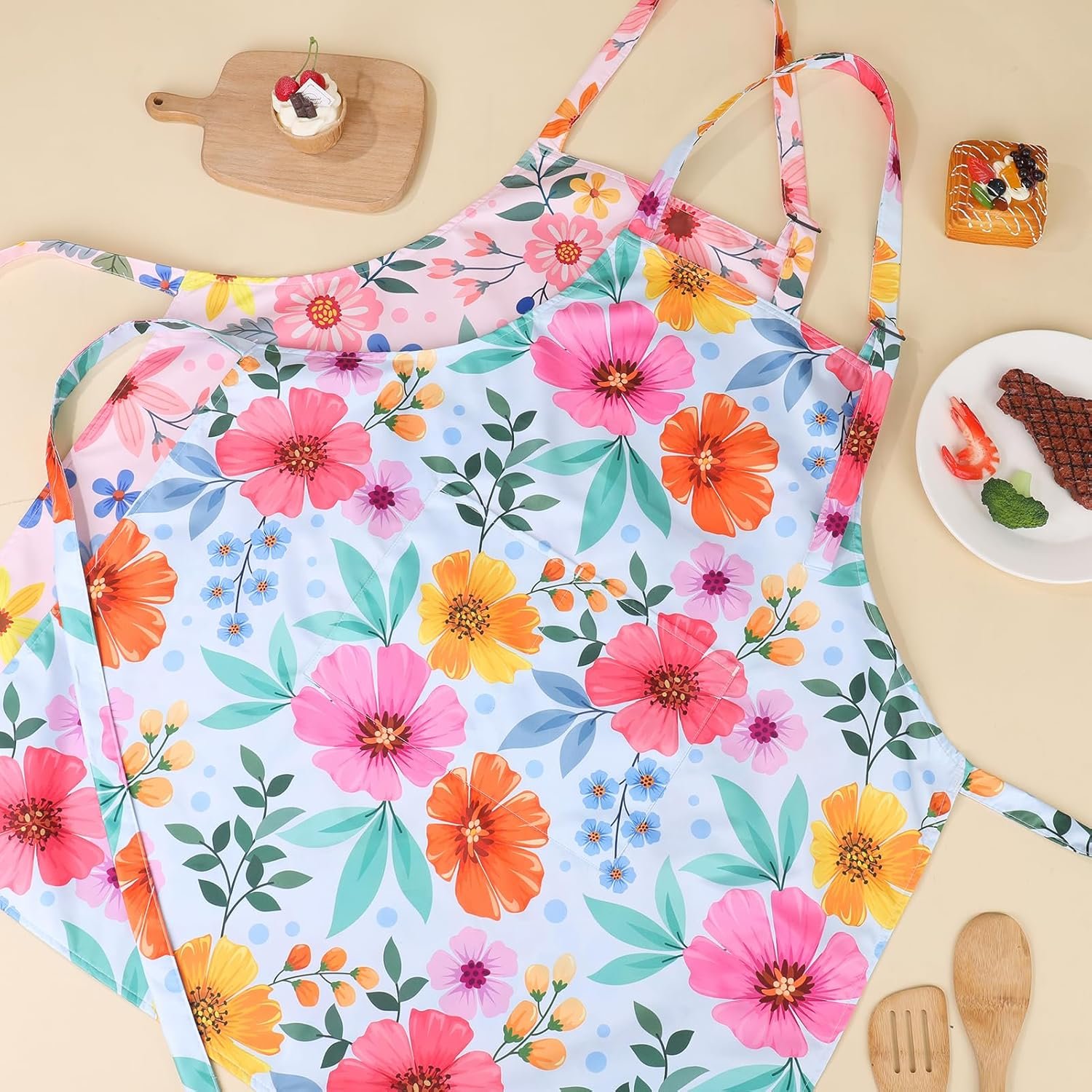 2 Pack Floral Apron for Women with Pockets, Adjustable Kitchen Chef Apron for Cooking, Baking, Gardening, Crafting - Image 7