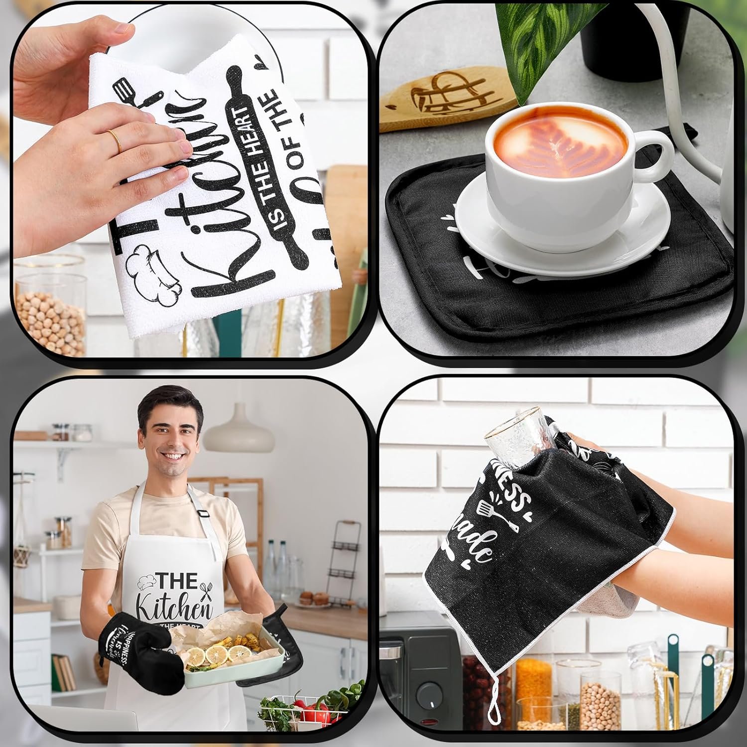 Bencailor 13 Pcs Kitchen Accessories Set, Dish Hand Towels Kitchen Apron Oven Mitts and Pot Holders Sets Rustic Vintage Wooden Spoons Black White Dishcloths for Home Decorations Gifts - Image 4