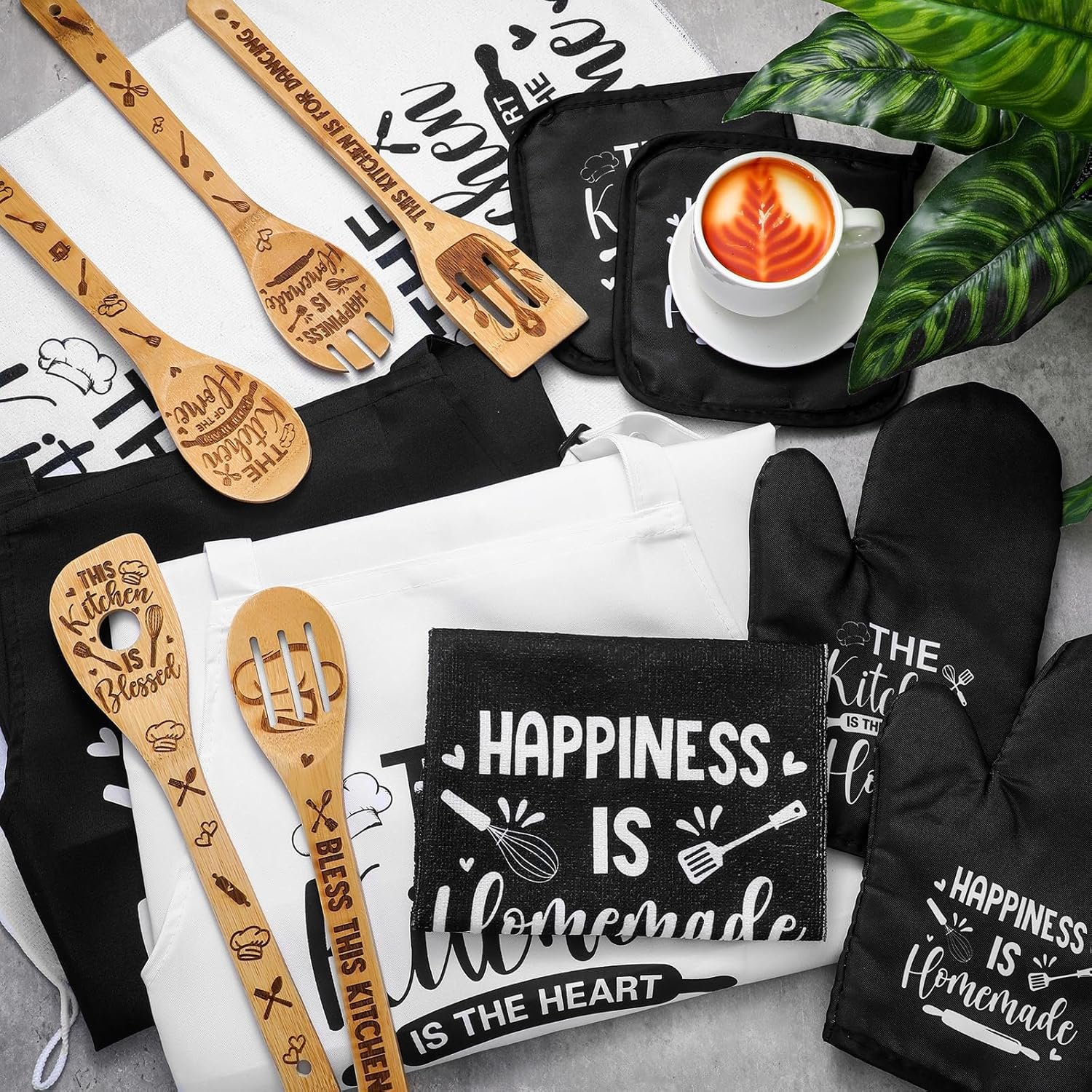 Bencailor 13 Pcs Kitchen Accessories Set, Dish Hand Towels Kitchen Apron Oven Mitts and Pot Holders Sets Rustic Vintage Wooden Spoons Black White Dishcloths for Home Decorations Gifts - Image 7