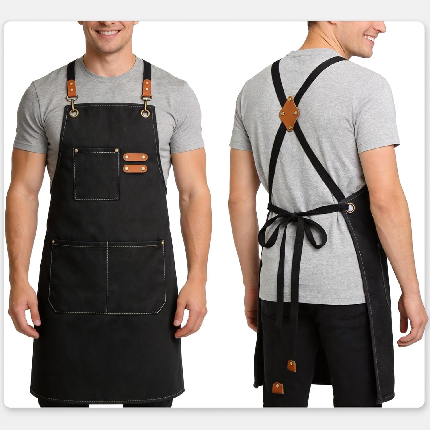 Chef Aprons for Men Women with Large Pockets Heavy Duty Cotton Canvas Cross Back Apron - Image 4
