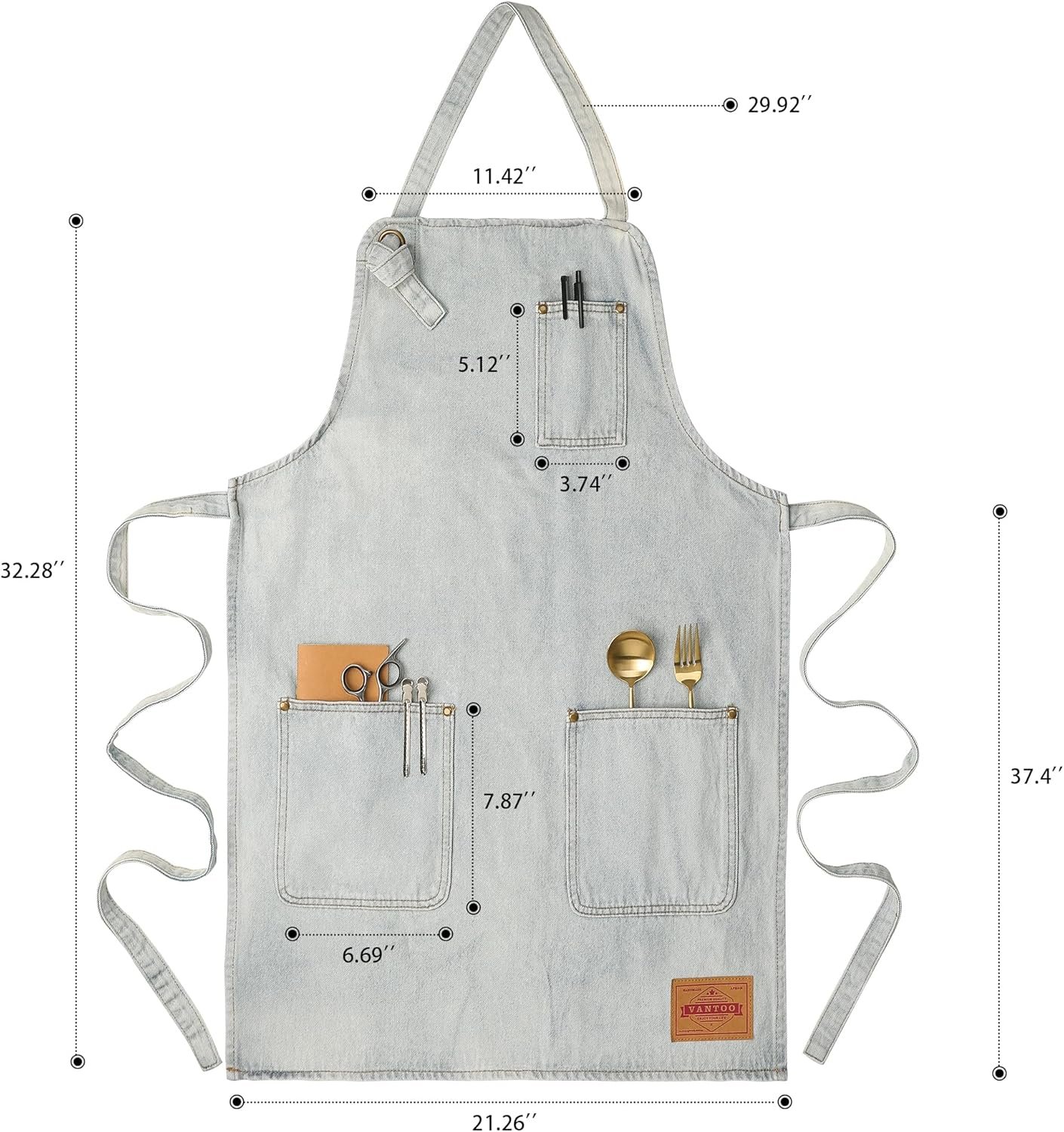 Denim Chef Apron for Women with Pockets, Jean Waitress Server Kitchen Apron for Men Cooking Gardening Painting - Image 3