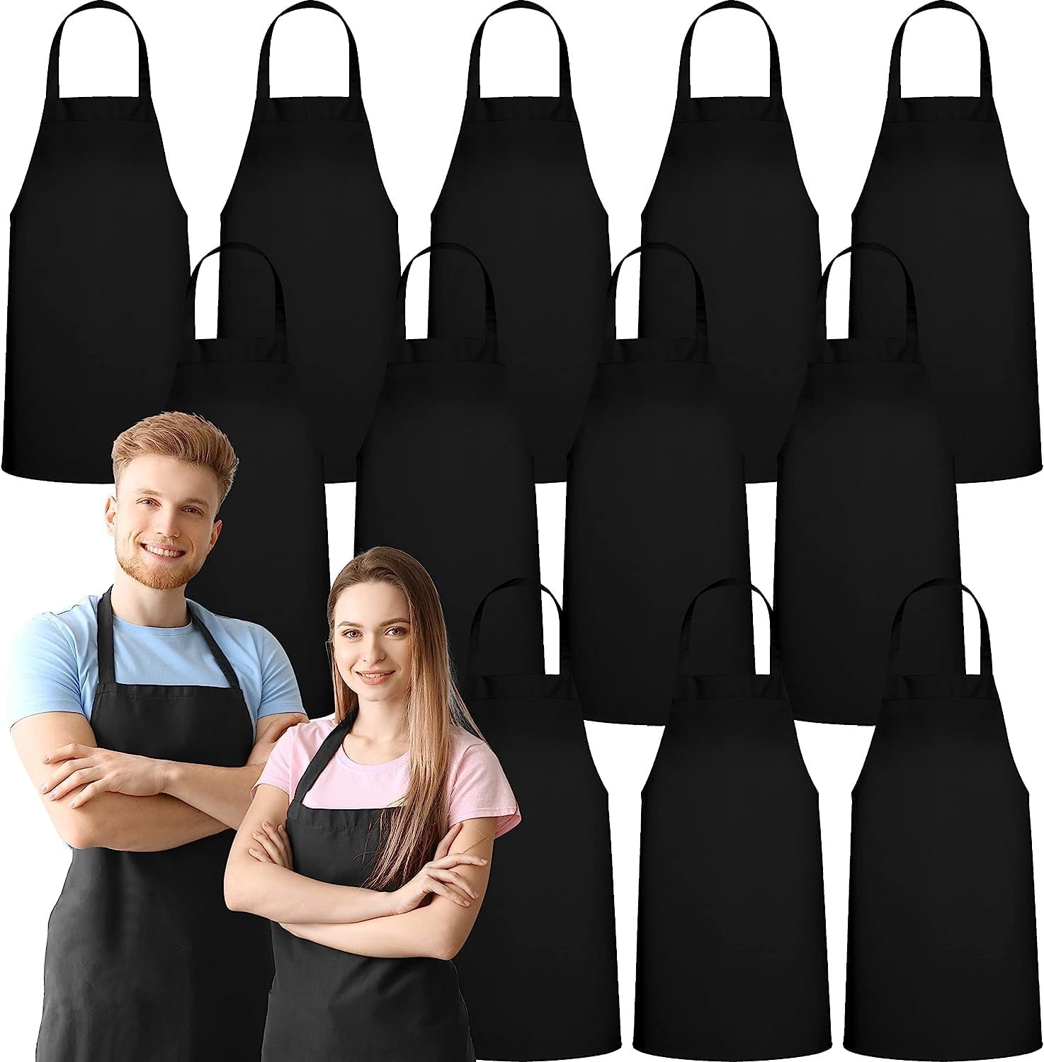 GREEN LIFESTYLE 12 Pack Bib Apron - Unisex Black Aprons, Machine Washable Aprons for Men and Women, Kitchen Cooking BBQ Bulk (Pack of 12, No Pockets, Black) - Image 6