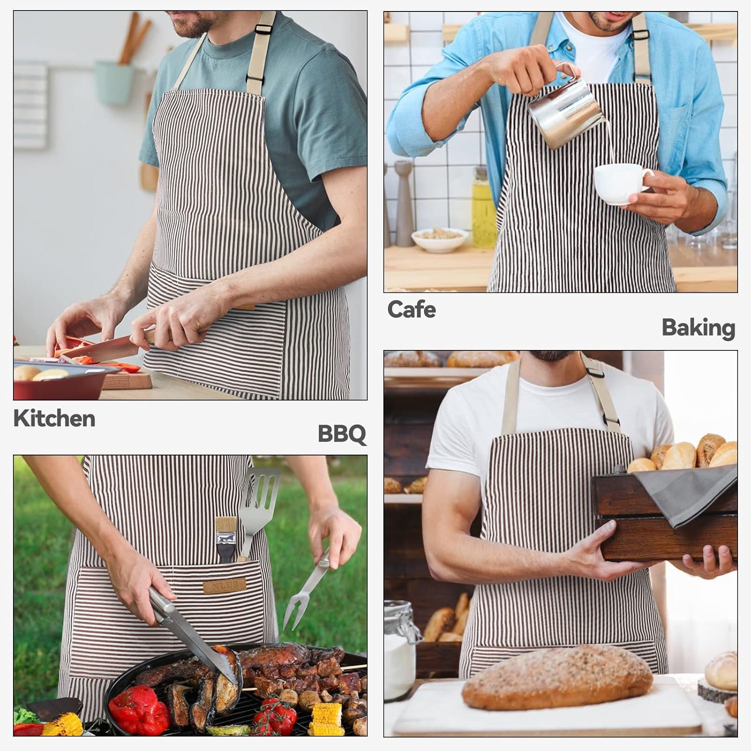 NLUS 2 Pack Cooking Aprons for Women with Pockets, Adjustable Kitchen Bib Aprons Chef Aprons for Women Men(Brown Pinstripes) - Image 7