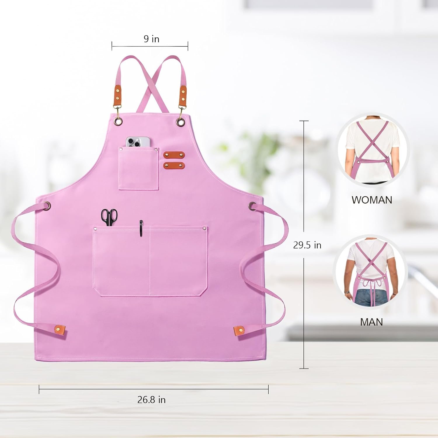 OUNLEN Chef Apron for Men Women Canvas Aprons with 3 Pockets Cross Back Resistant Work Apron for Cooking - Image 2