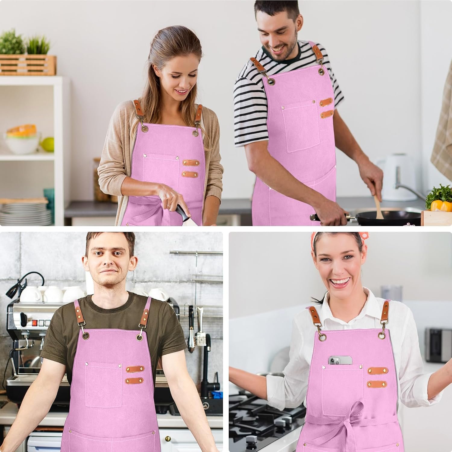 OUNLEN Chef Apron for Men Women Canvas Aprons with 3 Pockets Cross Back Resistant Work Apron for Cooking - Image 5