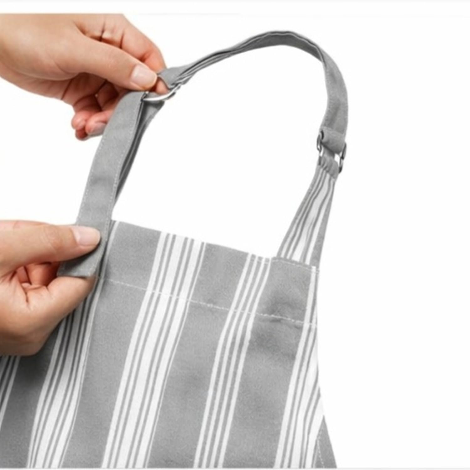AMOUR INFINI Cotton Striped Aprons for Women with Pockets - Adjustable Strap and Waist Ties Printed Apron for Baking, Cooking, Gardening (27.5 x 33 Inches - Gray) - Image 5