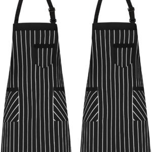 NLUS 2 Pack Cooking Aprons for Women with Pockets Adjustable Kitchen Bib Aprons for Women Men Chef, Black/White Stripe (Black/White Stripes)