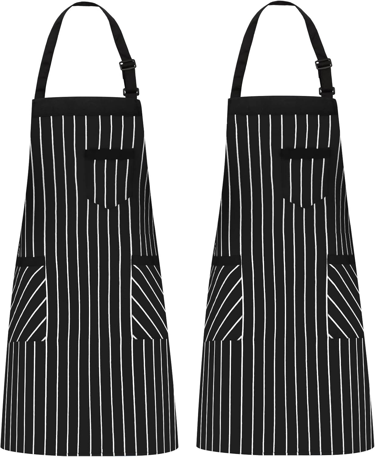 NLUS 2 Pack Cooking Aprons for Women with Pockets Adjustable Kitchen Bib Aprons for Women Men Chef, Black/White Stripe (Black/White Stripes)