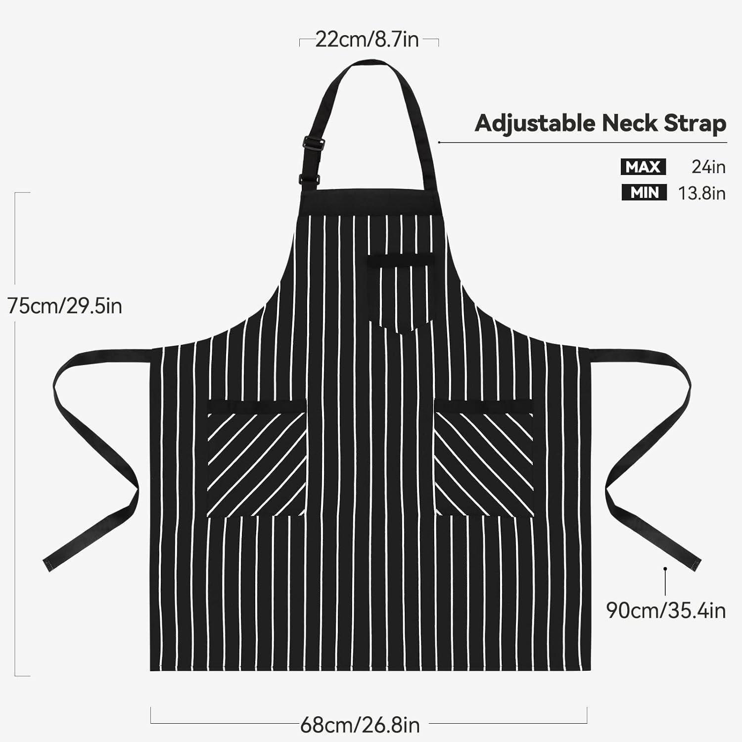 NLUS 2 Pack Cooking Aprons for Women with Pockets Adjustable Kitchen Bib Aprons for Women Men Chef, Black/White Stripe (Black/White Stripes) - Image 3