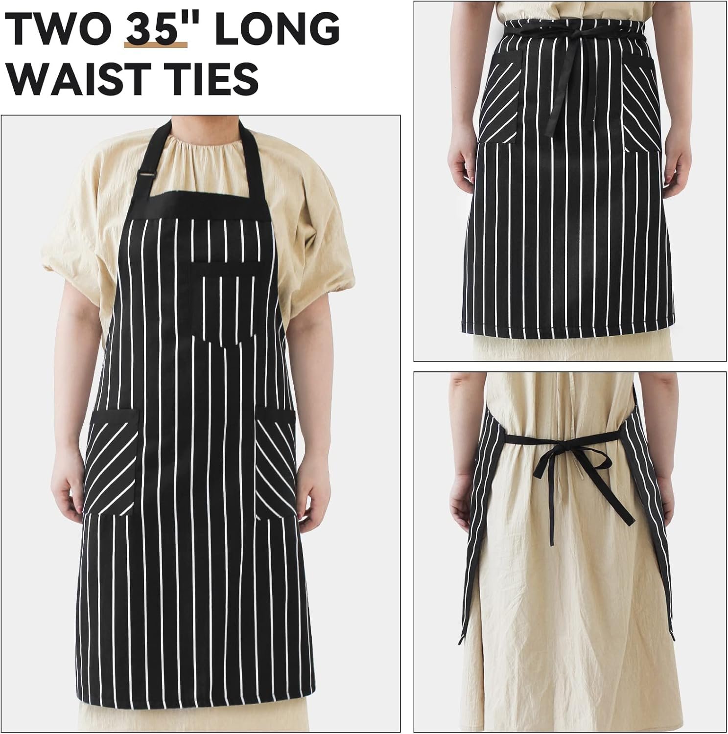 NLUS 2 Pack Cooking Aprons for Women with Pockets Adjustable Kitchen Bib Aprons for Women Men Chef, Black/White Stripe (Black/White Stripes) - Image 4