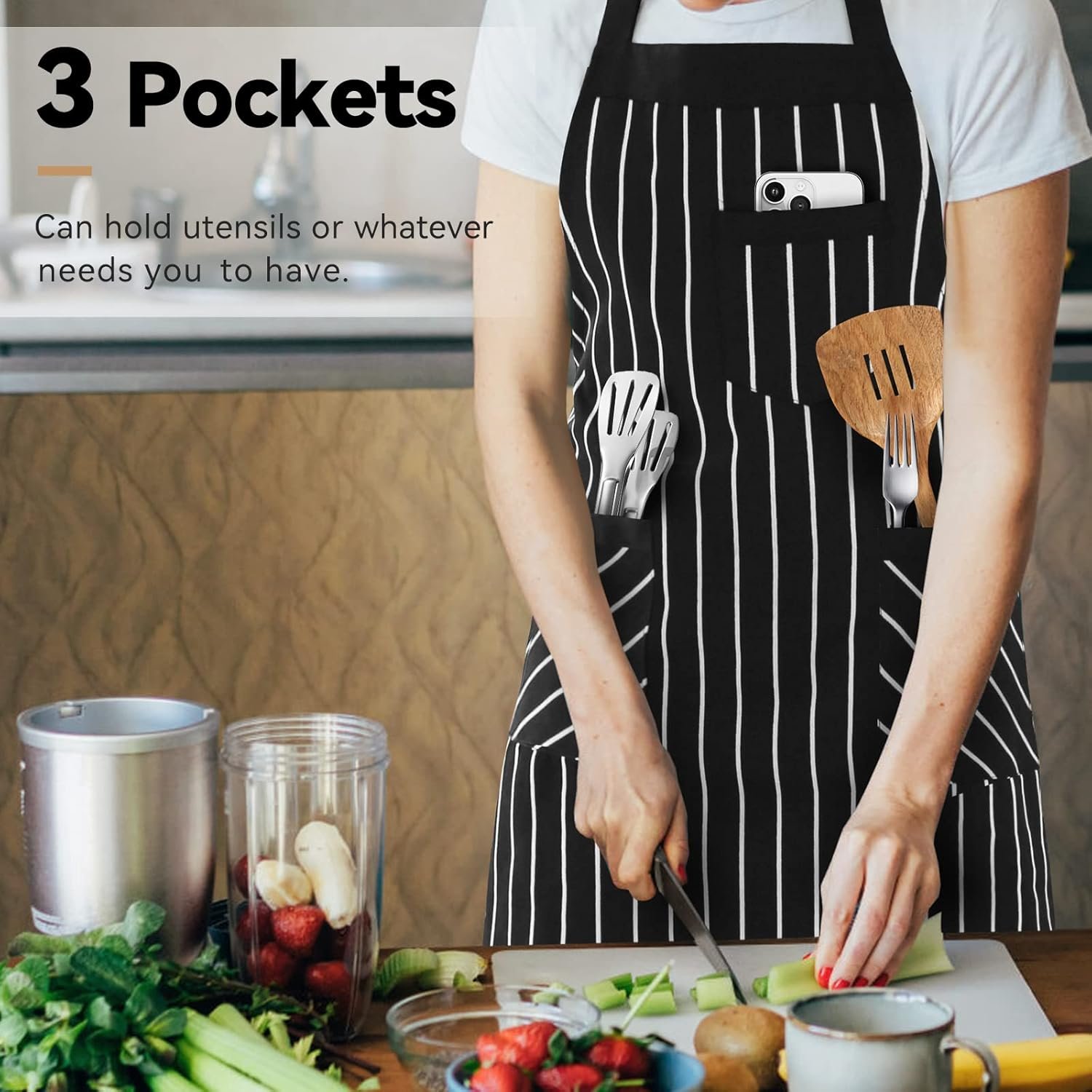 NLUS 2 Pack Cooking Aprons for Women with Pockets Adjustable Kitchen Bib Aprons for Women Men Chef, Black/White Stripe (Black/White Stripes) - Image 6