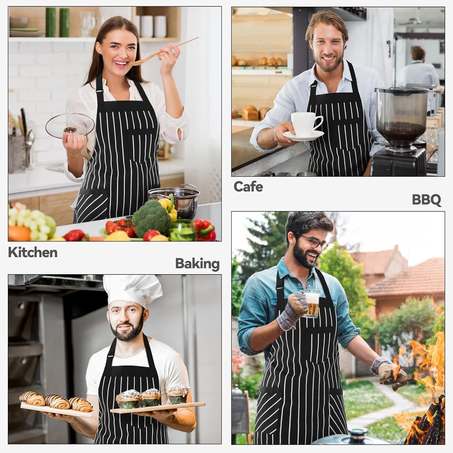 NLUS 2 Pack Cooking Aprons for Women with Pockets Adjustable Kitchen Bib Aprons for Women Men Chef, Black/White Stripe (Black/White Stripes) - Image 7