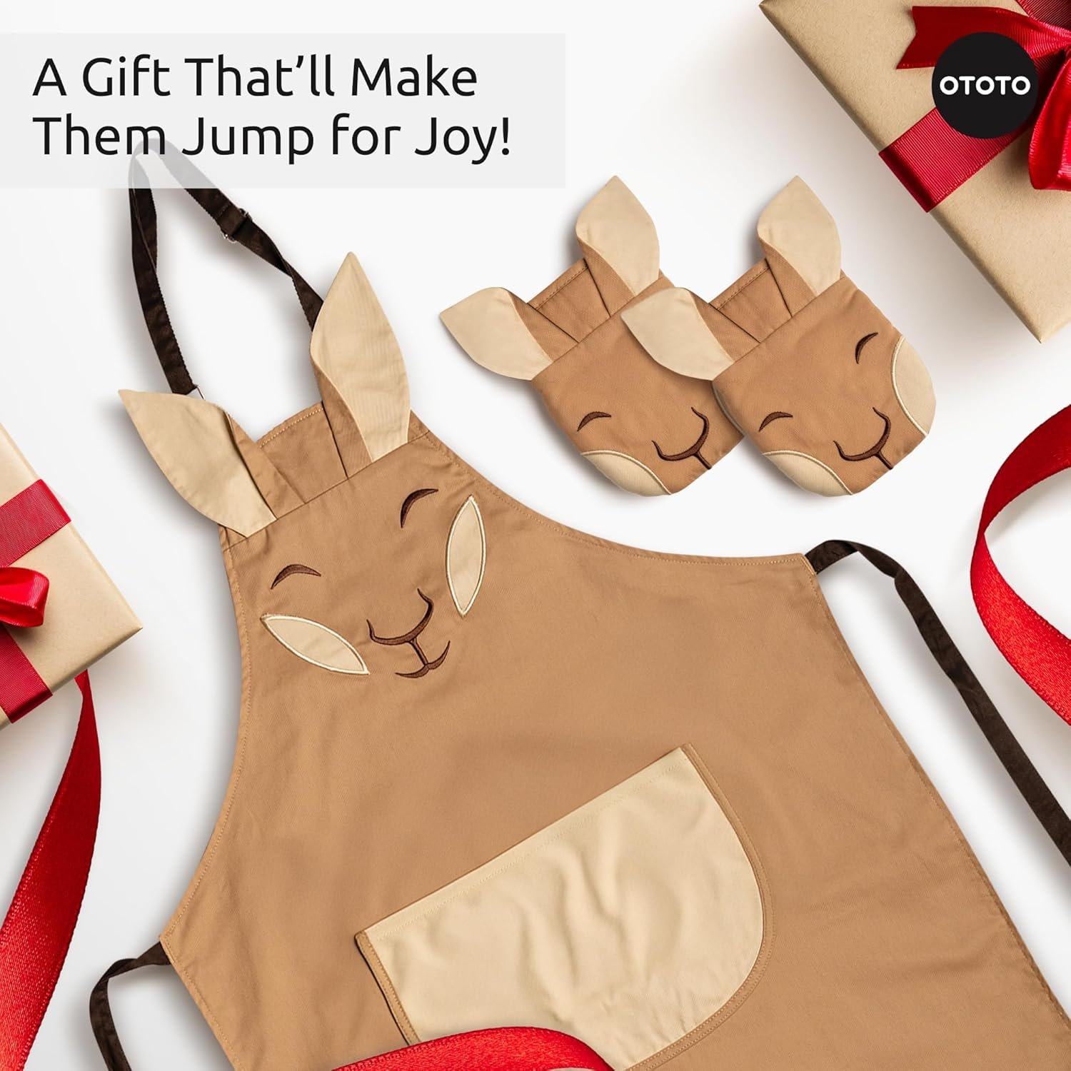 OTOTO Aproo Kitchen Set – Oven Mitts and Chef Apron with Pockets, Cute Cooking Accessories, Funny Kitchen Gift, Kangaroo (Brown Aproo Set) - Image 7