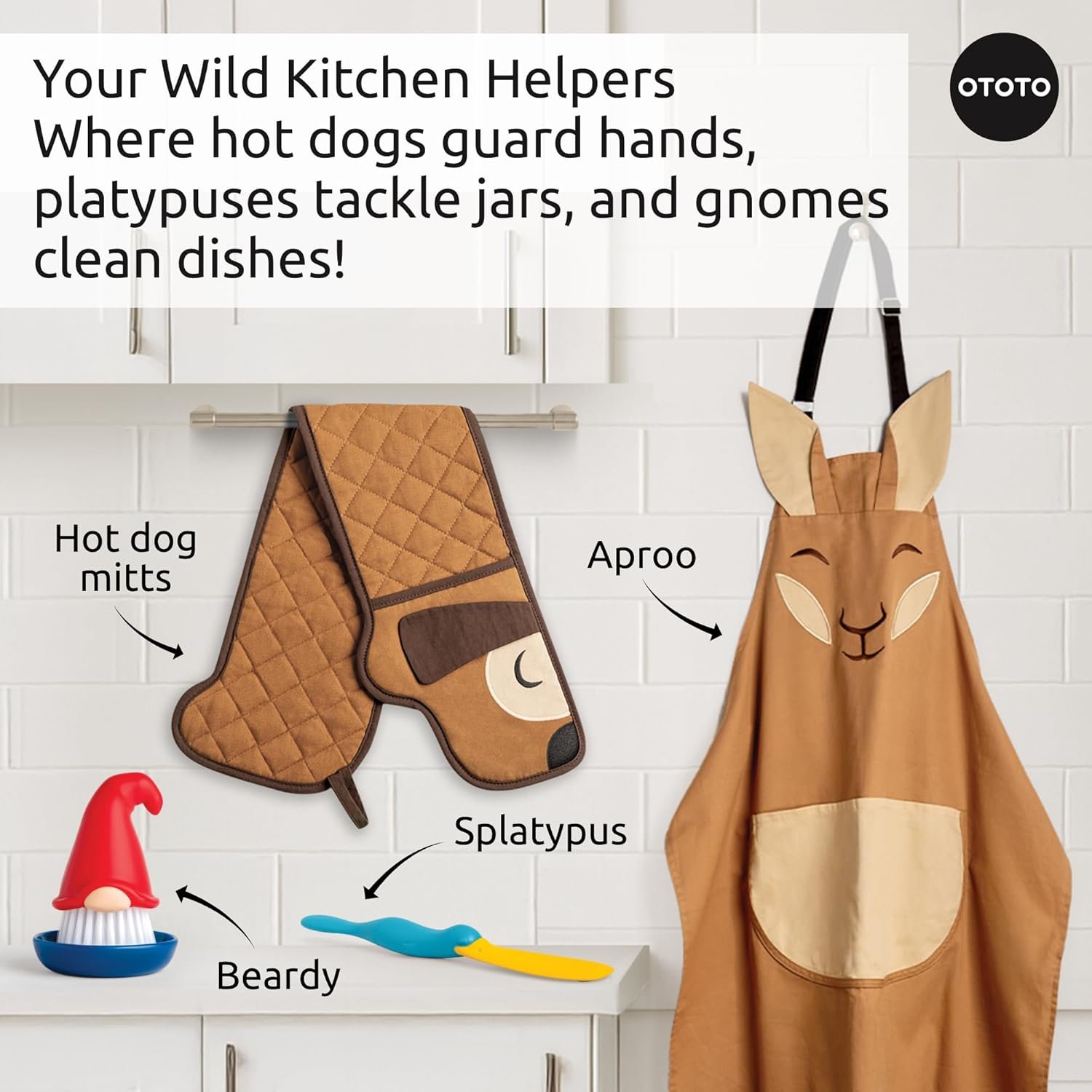 OTOTO Aproo Kitchen Set – Oven Mitts and Chef Apron with Pockets, Cute Cooking Accessories, Funny Kitchen Gift, Kangaroo (Brown Aproo Set) - Image 8