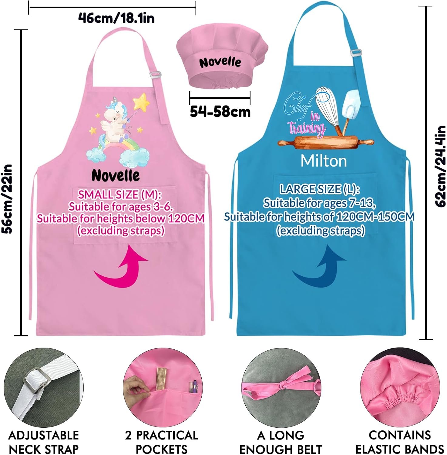 Custom Kids Apron and Chef Hat Personalized Kids Apron Name Cooking Baking Kitchen Painting Boys Girls Gift - Image 4