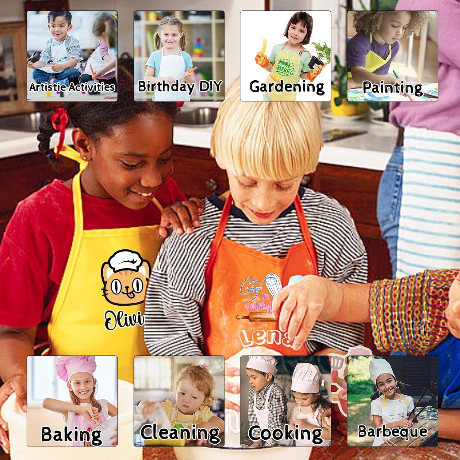 Custom Kids Apron and Chef Hat Personalized Kids Apron Name Cooking Baking Kitchen Painting Boys Girls Gift - Image 6