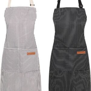 2 Pack Cooking Aprons Adjustable Bib Apron for Women with 2 Pockets, Kitchen Restaurant Men Chefs Aprons
