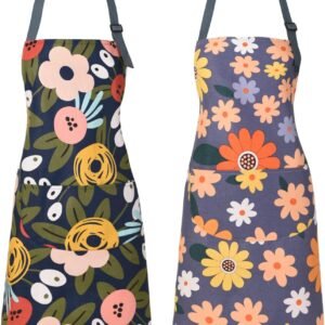 2 Pack Floral Apron for Women with Pockets, Adjustable Cotton Chef Aprons for Kitchen, Cooking, BBQ & Grill